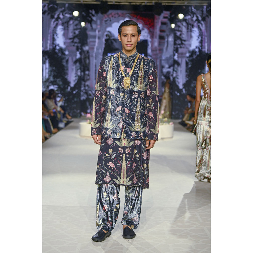 PS Men by Payal Singhal Blue Printed Embroidered Bandi Jacket with Kurta and Salwar (Set of 3)