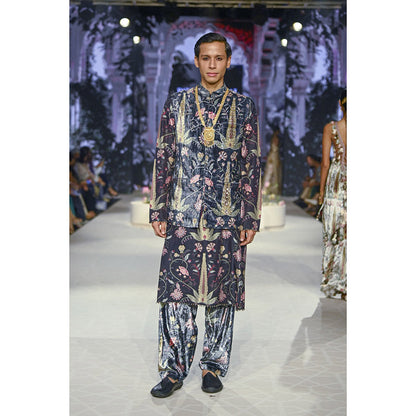 PS Men by Payal Singhal Blue Printed Embroidered Bandi Jacket with Kurta and Salwar (Set of 3)