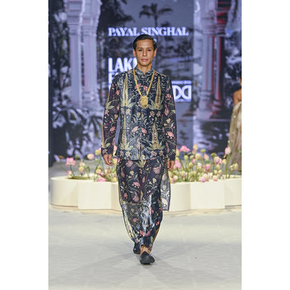 PS Men by Payal Singhal Blue Printed Embroidered Bandi Jacket with Kurta and Salwar (Set of 3)