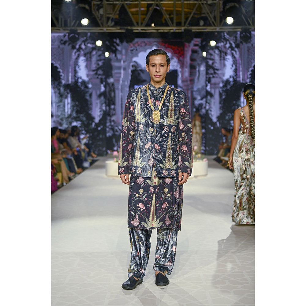 PS Men by Payal Singhal Blue Printed Embroidered Bandi Jacket with Kurta and Salwar (Set of 3)