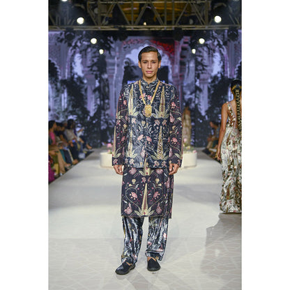 PS Men by Payal Singhal Blue Printed Embroidered Bandi Jacket with Kurta and Salwar (Set of 3)