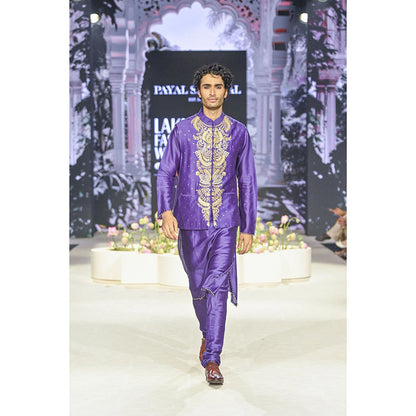 PS Men by Payal Singhal Purple Embroidered Bandi Jacket with Kurta and Churidar (Set of 3)