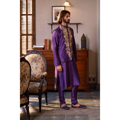 PS Men by Payal Singhal Purple Embroidered Bandi Jacket with Kurta and Churidar (Set of 3)