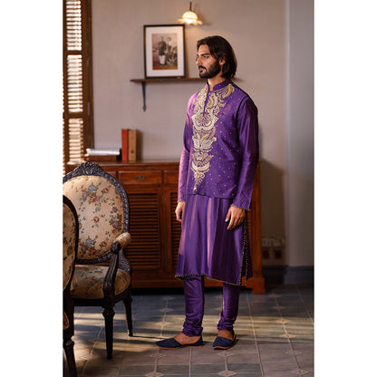 PS Men by Payal Singhal Purple Embroidered Bandi Jacket with Kurta and Churidar (Set of 3)