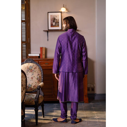 PS Men by Payal Singhal Purple Embroidered Bandi Jacket with Kurta and Churidar (Set of 3)