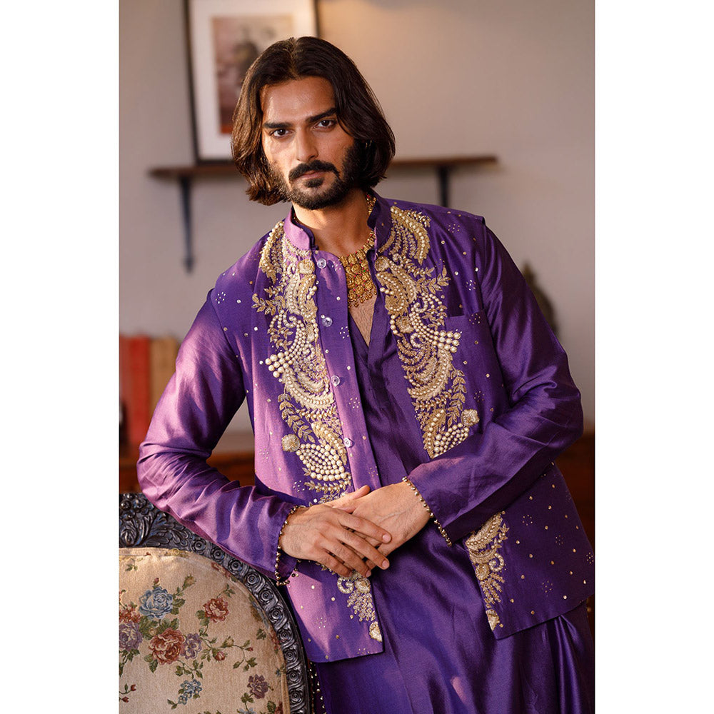 PS Men by Payal Singhal Purple Embroidered Bandi Jacket with Kurta and Churidar (Set of 3)
