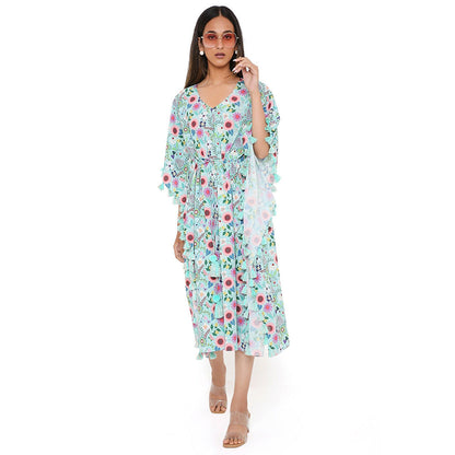 PS Pret by Payal Singhal Aqua Spring Floral Print Crepe Kaftan with Tassels