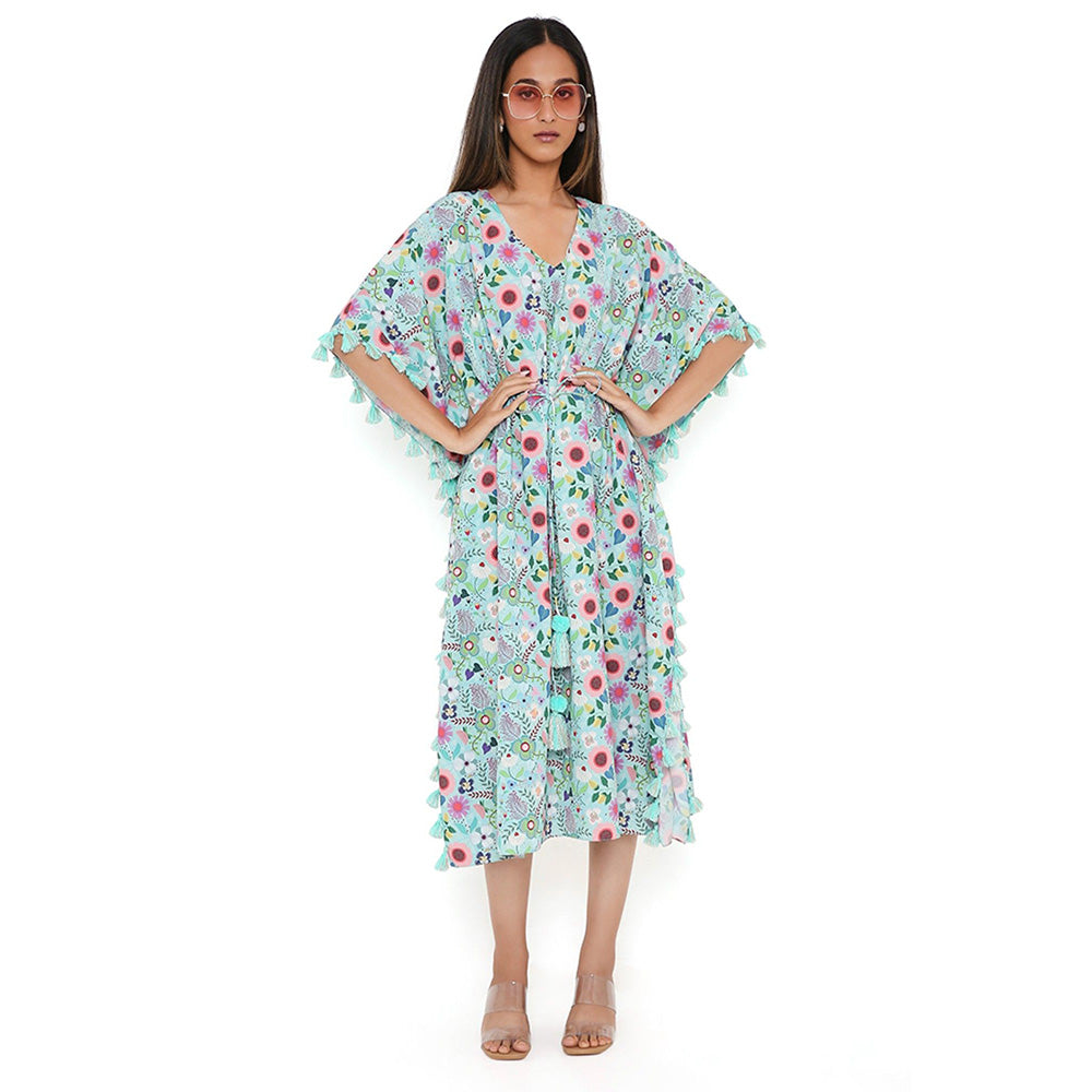 PS Pret by Payal Singhal Aqua Spring Floral Print Crepe Kaftan with Tassels