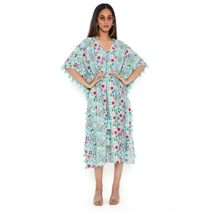 PS Pret by Payal Singhal Aqua Spring Floral Print Crepe Kaftan with Tassels
