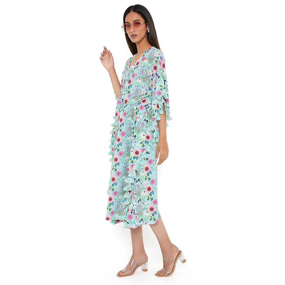 PS Pret by Payal Singhal Aqua Spring Floral Print Crepe Kaftan with Tassels