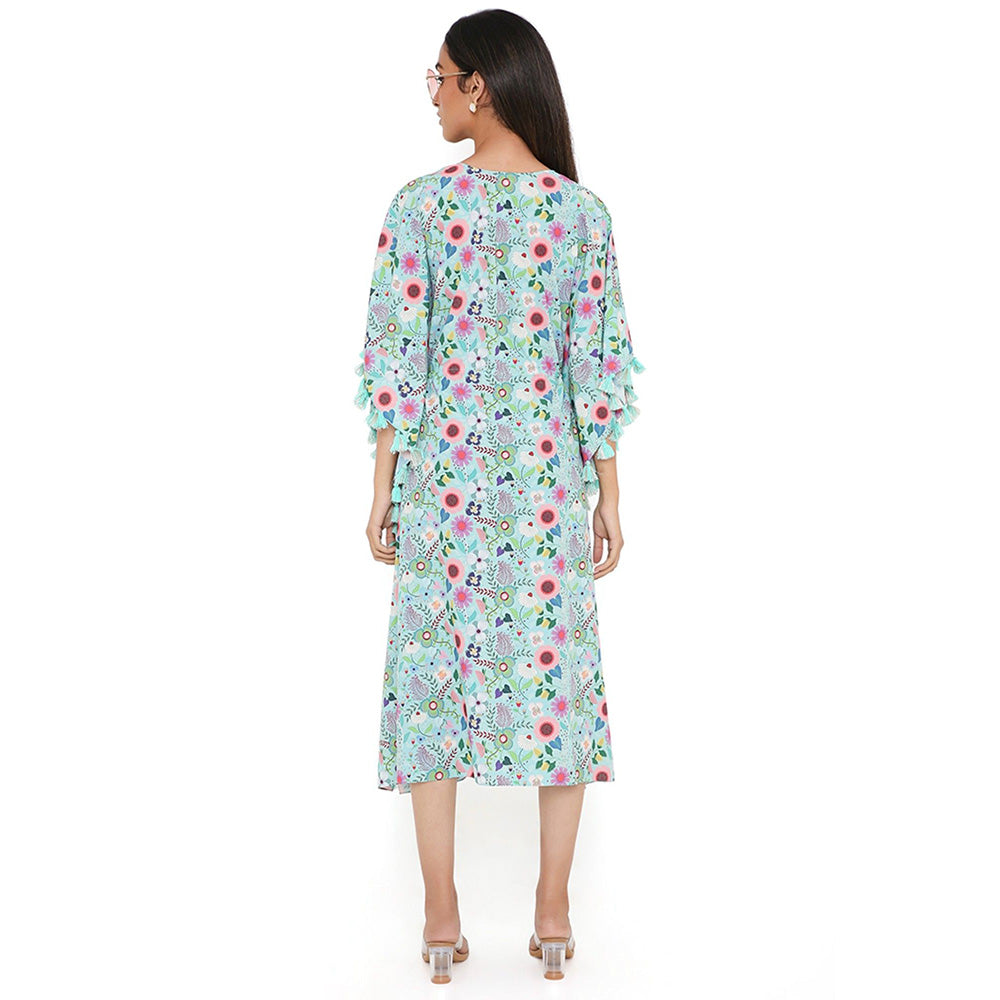 PS Pret by Payal Singhal Aqua Spring Floral Print Crepe Kaftan with Tassels