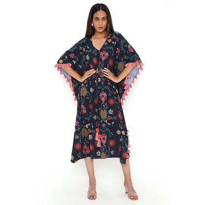 PS Pret by Payal Singhal Navy Spring Print Art Crepe Knee Length Kaftan with Tassels