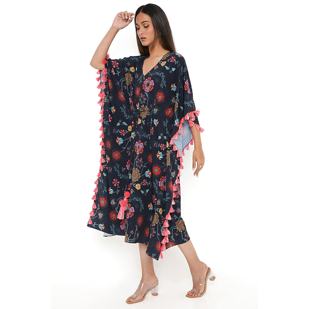 PS Pret by Payal Singhal Navy Spring Print Art Crepe Knee Length Kaftan with Tassels