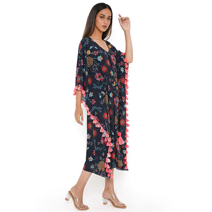 PS Pret by Payal Singhal Navy Spring Print Art Crepe Knee Length Kaftan with Tassels
