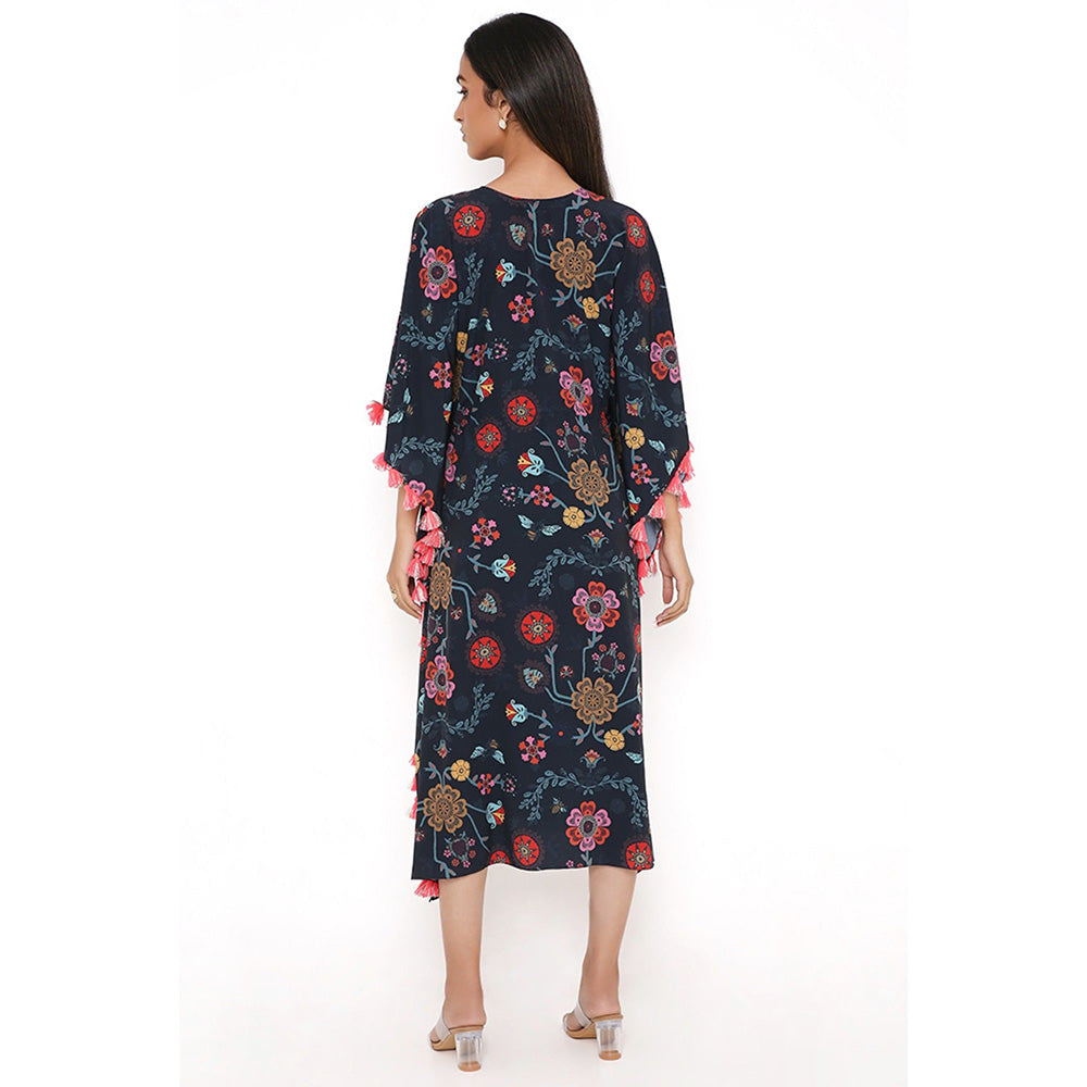 PS Pret by Payal Singhal Navy Spring Print Art Crepe Knee Length Kaftan with Tassels