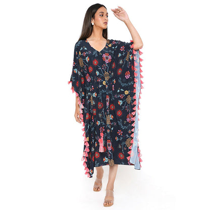 PS Pret by Payal Singhal Navy Spring Print Art Crepe Knee Length Kaftan with Tassels