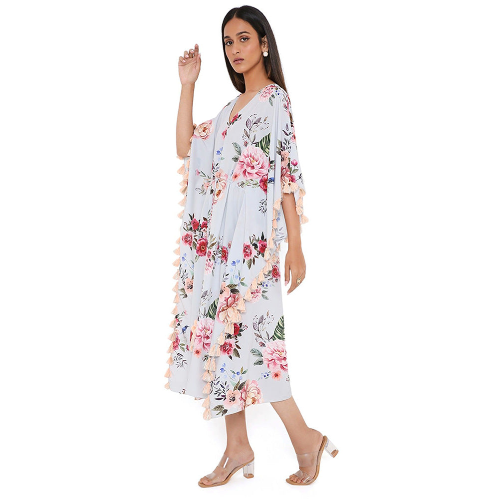 PS Pret by Payal Singhal Grey Gulabi Print Art Crepe Knee Length Kaftan with Tassels