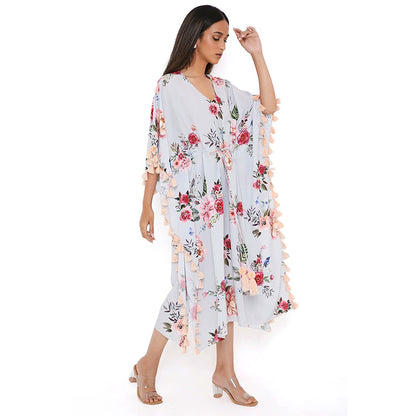 PS Pret by Payal Singhal Grey Gulabi Print Art Crepe Knee Length Kaftan with Tassels