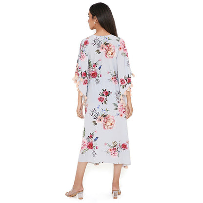 PS Pret by Payal Singhal Grey Gulabi Print Art Crepe Knee Length Kaftan with Tassels