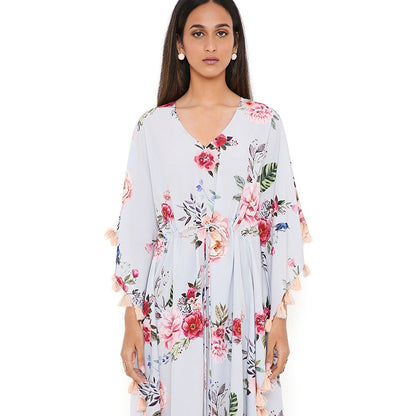 PS Pret by Payal Singhal Grey Gulabi Print Art Crepe Knee Length Kaftan with Tassels