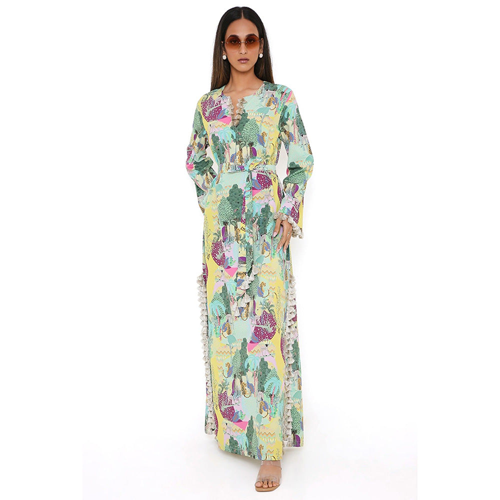 PS Pret by Payal Singhal Yellow Kuno Print Art Crepe Long Beyza Kaftan (Set of 2)