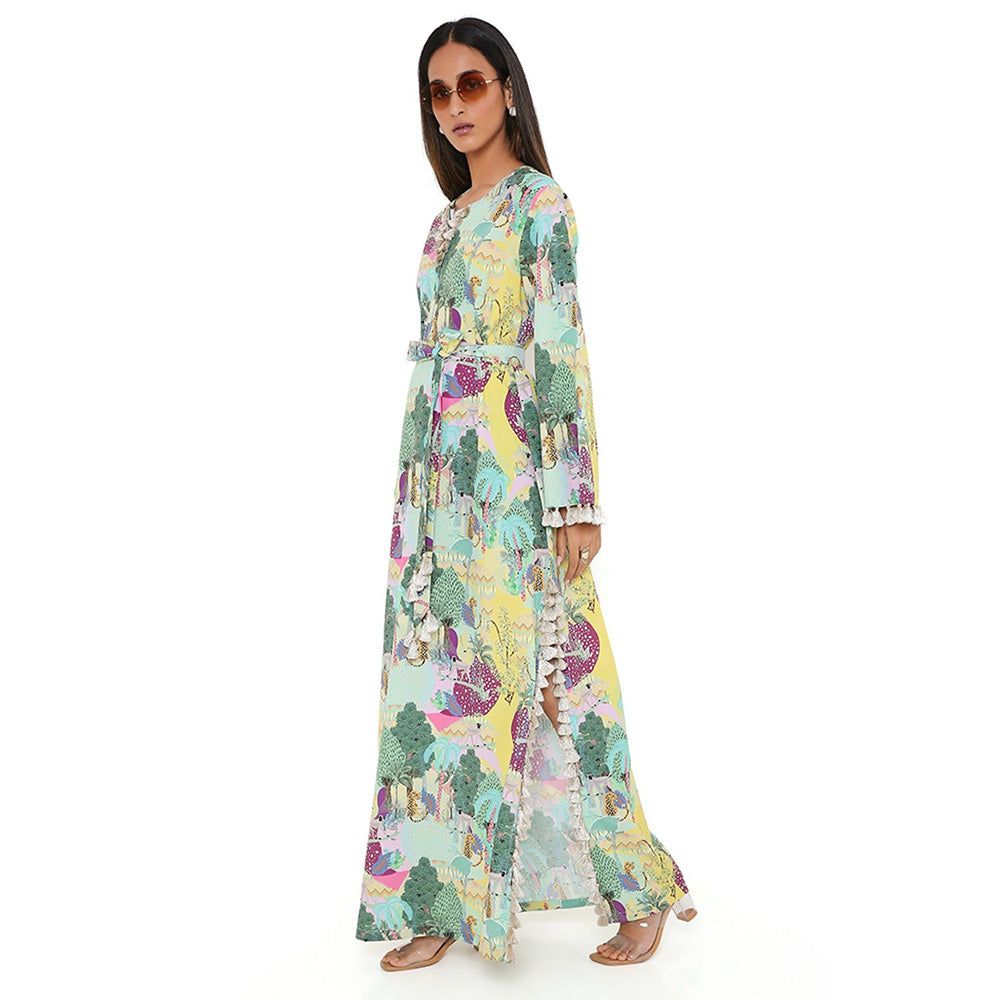 PS Pret by Payal Singhal Yellow Kuno Print Art Crepe Long Beyza Kaftan (Set of 2)