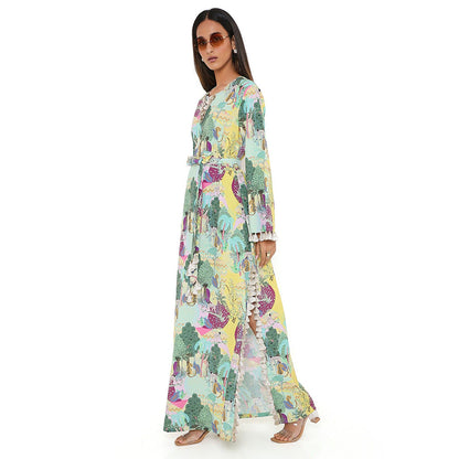 PS Pret by Payal Singhal Yellow Kuno Print Art Crepe Long Beyza Kaftan (Set of 2)