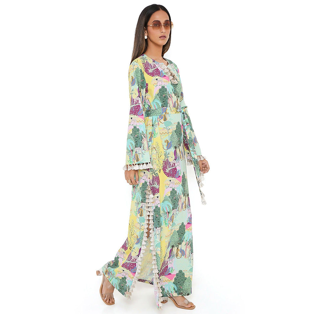 PS Pret by Payal Singhal Yellow Kuno Print Art Crepe Long Beyza Kaftan (Set of 2)