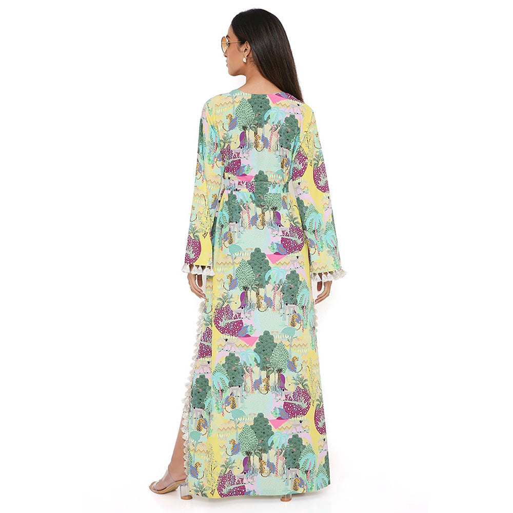 PS Pret by Payal Singhal Yellow Kuno Print Art Crepe Long Beyza Kaftan (Set of 2)