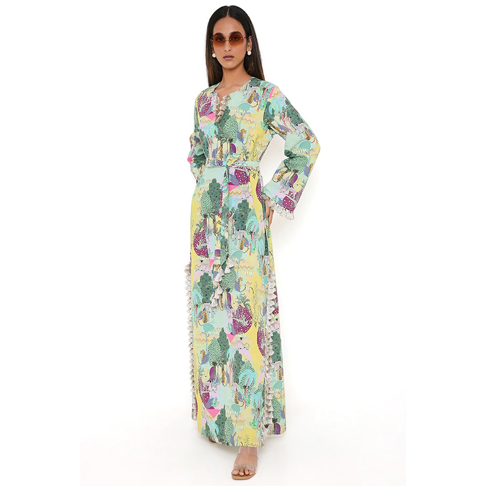 PS Pret by Payal Singhal Yellow Kuno Print Art Crepe Long Beyza Kaftan (Set of 2)