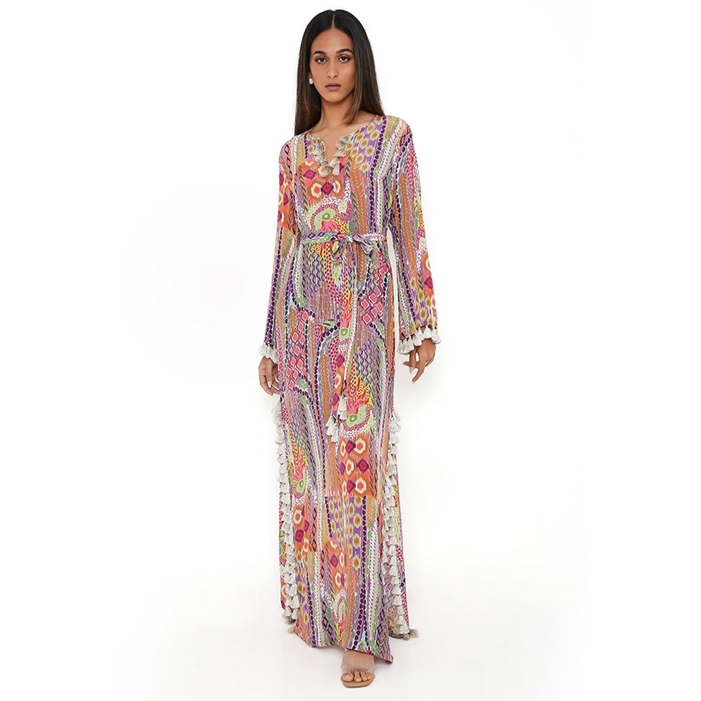 PS Pret by Payal Singhal Multi-Color African Print Crepe Straight Kaftan with Belt (Set of 2)