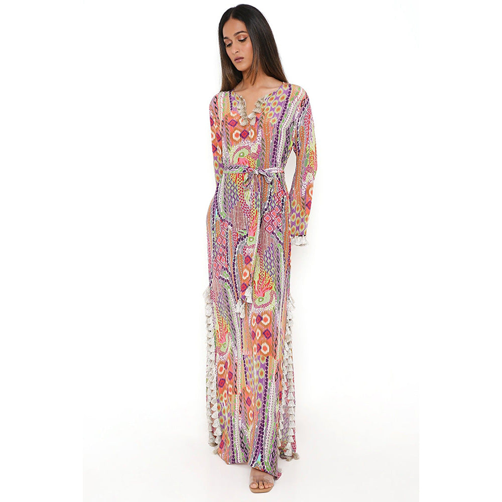 PS Pret by Payal Singhal Multi-Color African Print Crepe Straight Kaftan with Belt (Set of 2)