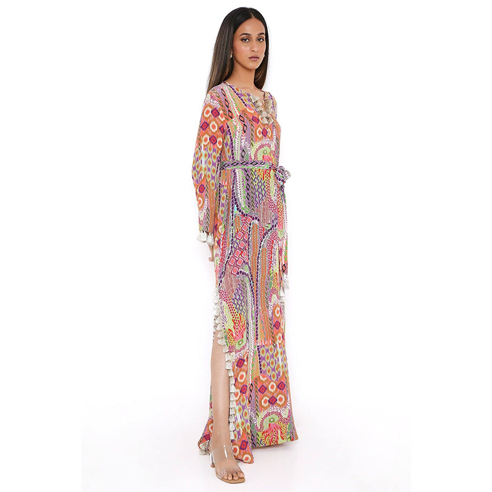 PS Pret by Payal Singhal Multi-Color African Print Crepe Straight Kaftan with Belt (Set of 2)