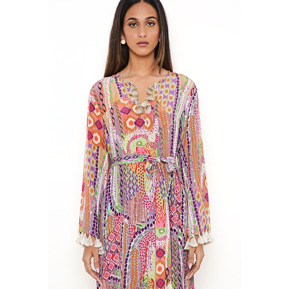 PS Pret by Payal Singhal Multi-Color African Print Crepe Straight Kaftan with Belt (Set of 2)