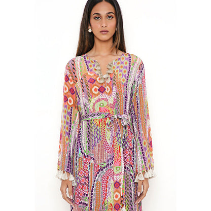 PS Pret by Payal Singhal Multi-Color African Print Crepe Straight Kaftan with Belt (Set of 2)