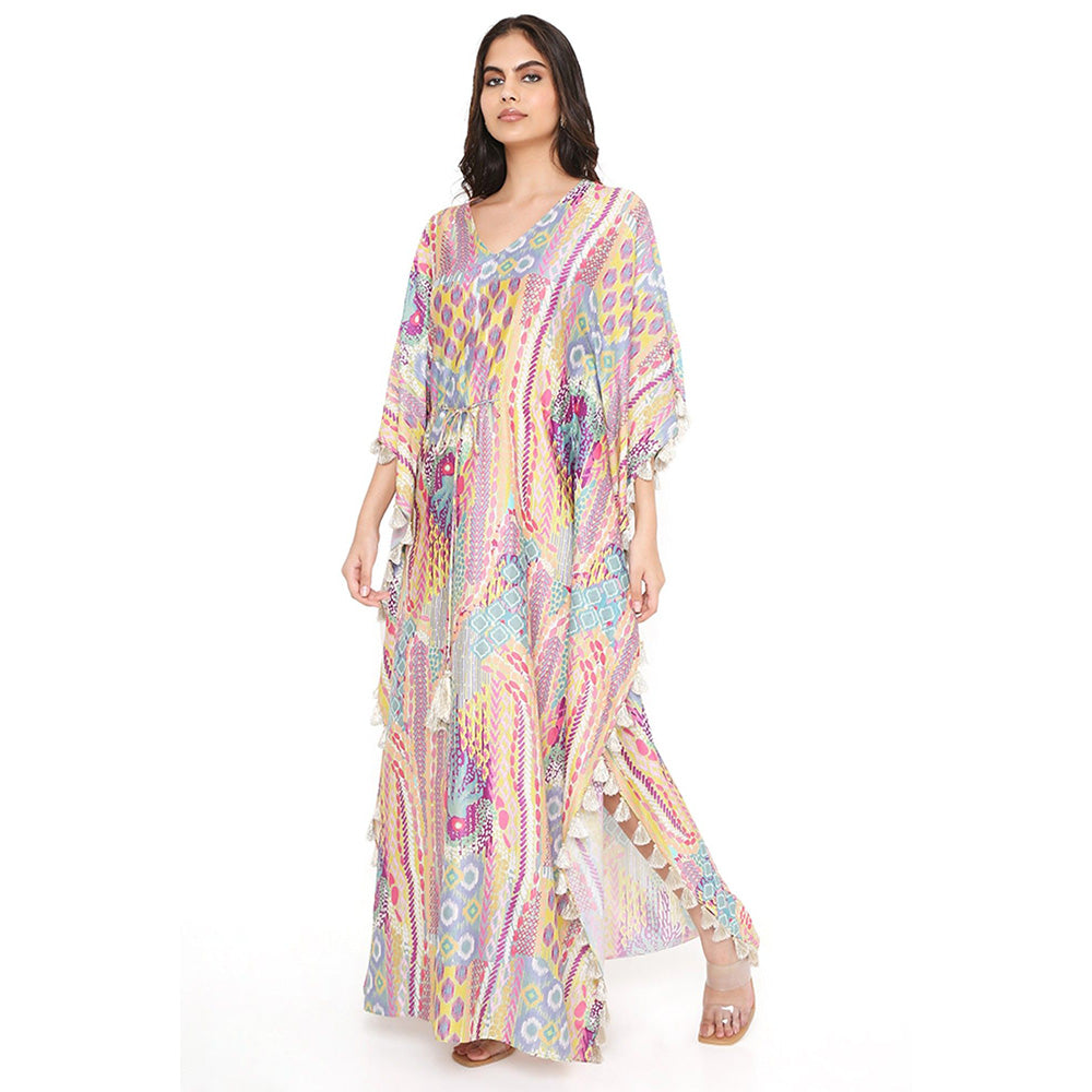 PS Pret by Payal Singhal Lime African Print Silkmul Kaftan with Tassels
