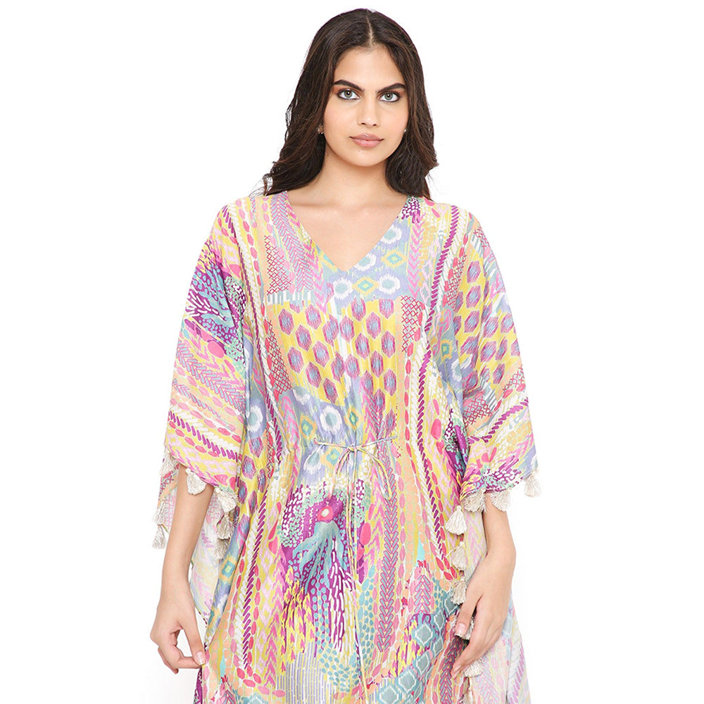 PS Pret by Payal Singhal Lime African Print Silkmul Kaftan with Tassels