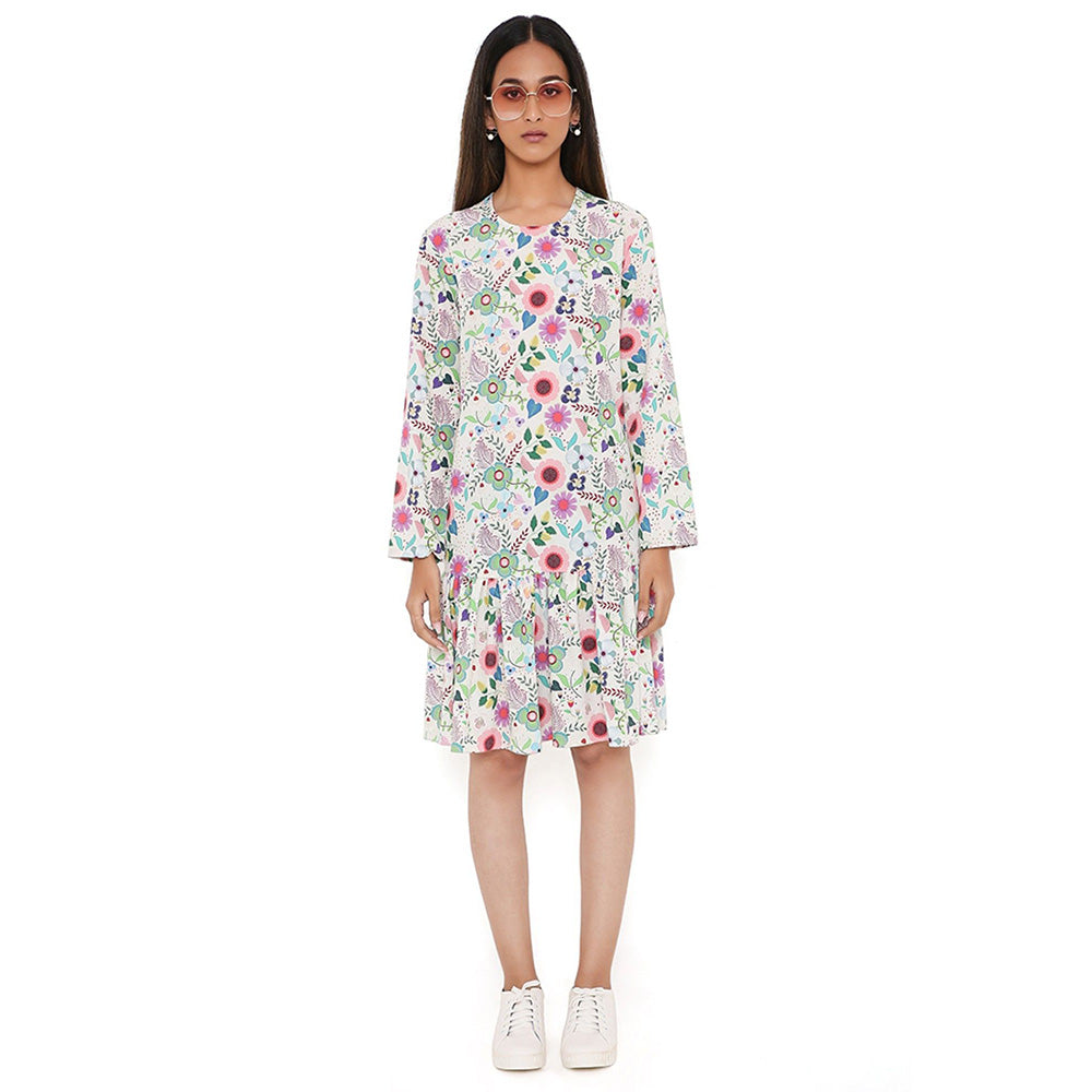 PS Pret by Payal Singhal Off White Spring Floral Garden Print Art Crepe Frill Hem Dress
