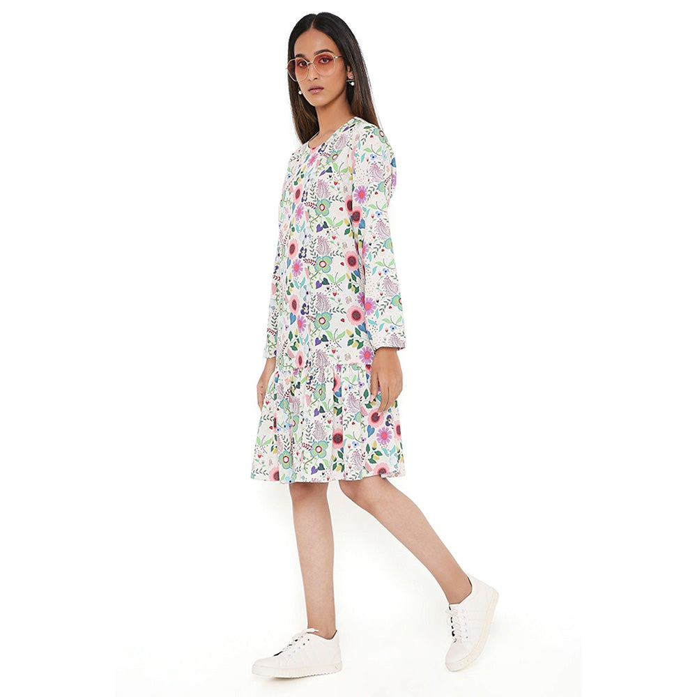 PS Pret by Payal Singhal Off White Spring Floral Garden Print Art Crepe Frill Hem Dress