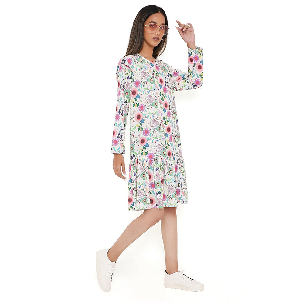 PS Pret by Payal Singhal Off White Spring Floral Garden Print Art Crepe Frill Hem Dress
