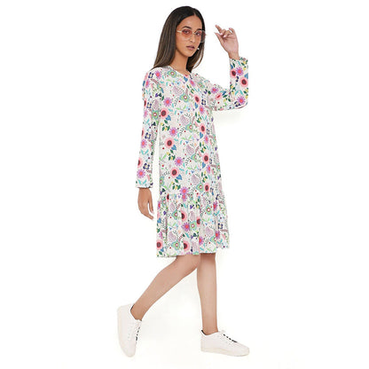 PS Pret by Payal Singhal Off White Spring Floral Garden Print Art Crepe Frill Hem Dress