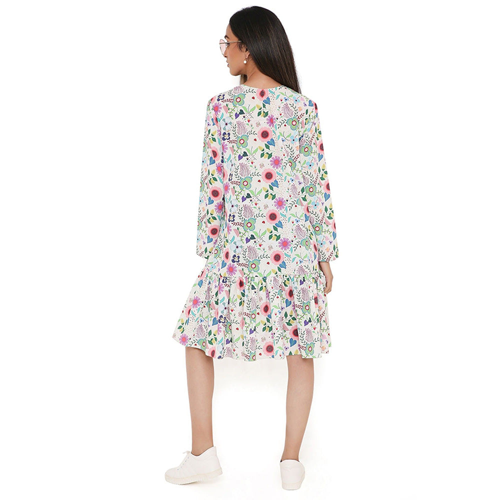 PS Pret by Payal Singhal Off White Spring Floral Garden Print Art Crepe Frill Hem Dress