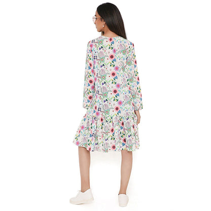 PS Pret by Payal Singhal Off White Spring Floral Garden Print Art Crepe Frill Hem Dress