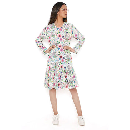 PS Pret by Payal Singhal Off White Spring Floral Garden Print Art Crepe Frill Hem Dress