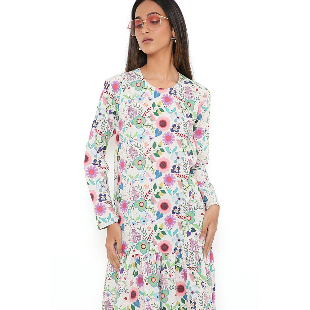 PS Pret by Payal Singhal Off White Spring Floral Garden Print Art Crepe Frill Hem Dress
