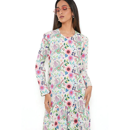 PS Pret by Payal Singhal Off White Spring Floral Garden Print Art Crepe Frill Hem Dress
