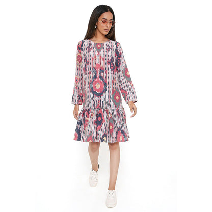 PS Pret by Payal Singhal Red Ikat Tribe Print Art Crepe Frill Hem Dress