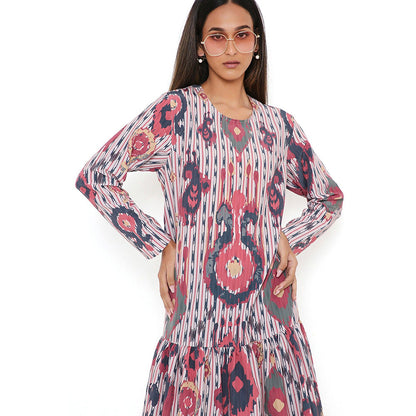 PS Pret by Payal Singhal Red Ikat Tribe Print Art Crepe Frill Hem Dress