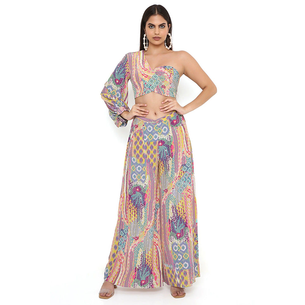 PS Pret by Payal Singhal Lime African Print Crepe One Shoulder Top with Palazzo (Set of 2)
