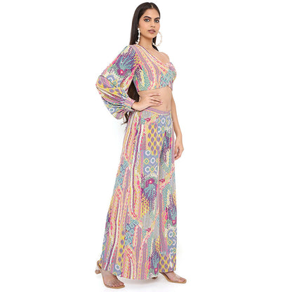 PS Pret by Payal Singhal Lime African Print Crepe One Shoulder Top with Palazzo (Set of 2)